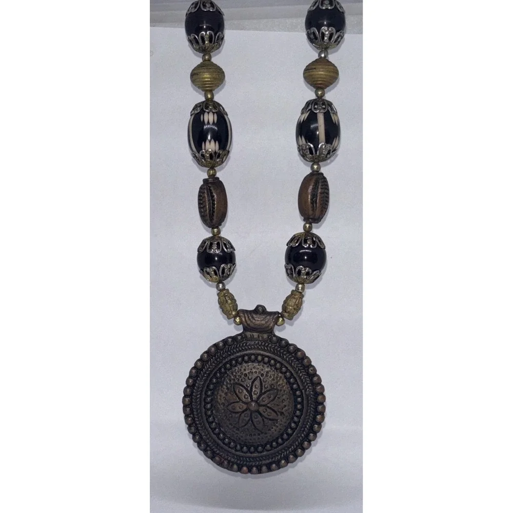 Vintage Tribal Style Bronze Metal Floral Pendent  Beaded Necklace